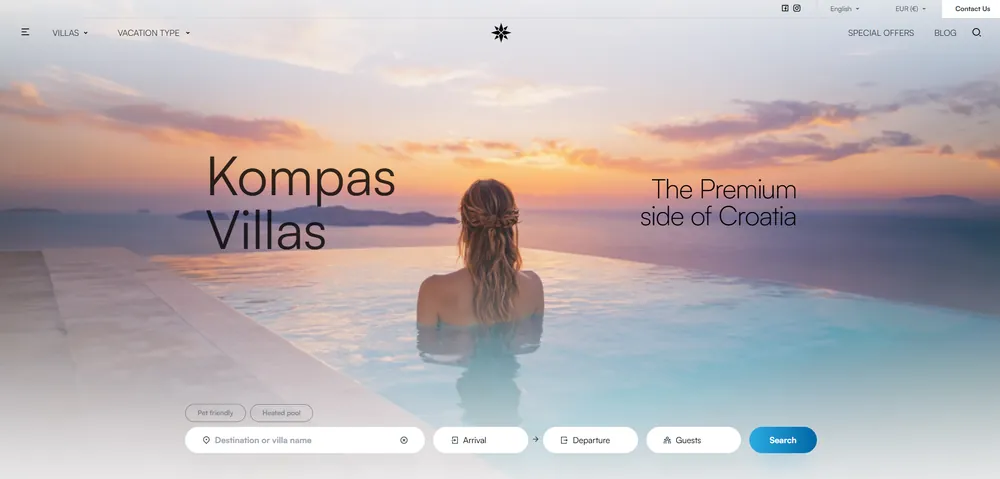 Kompas Villas — Vorhandener Website-Screenshot; das aktuelle Erscheinungsbild kann abweichen.