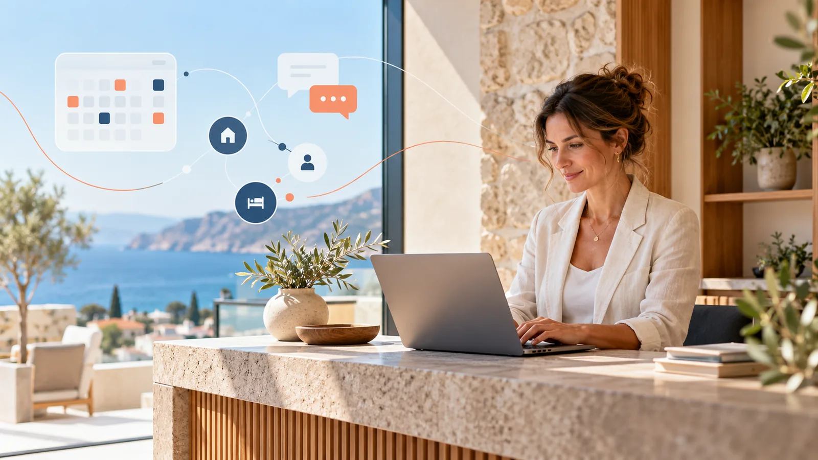Eine Unterkunftsmanagerin arbeitet am Laptop in einem modernen Hotelbüro, ergänzt durch illustrative Symbole für Buchungen, Nachrichten und Abläufe.