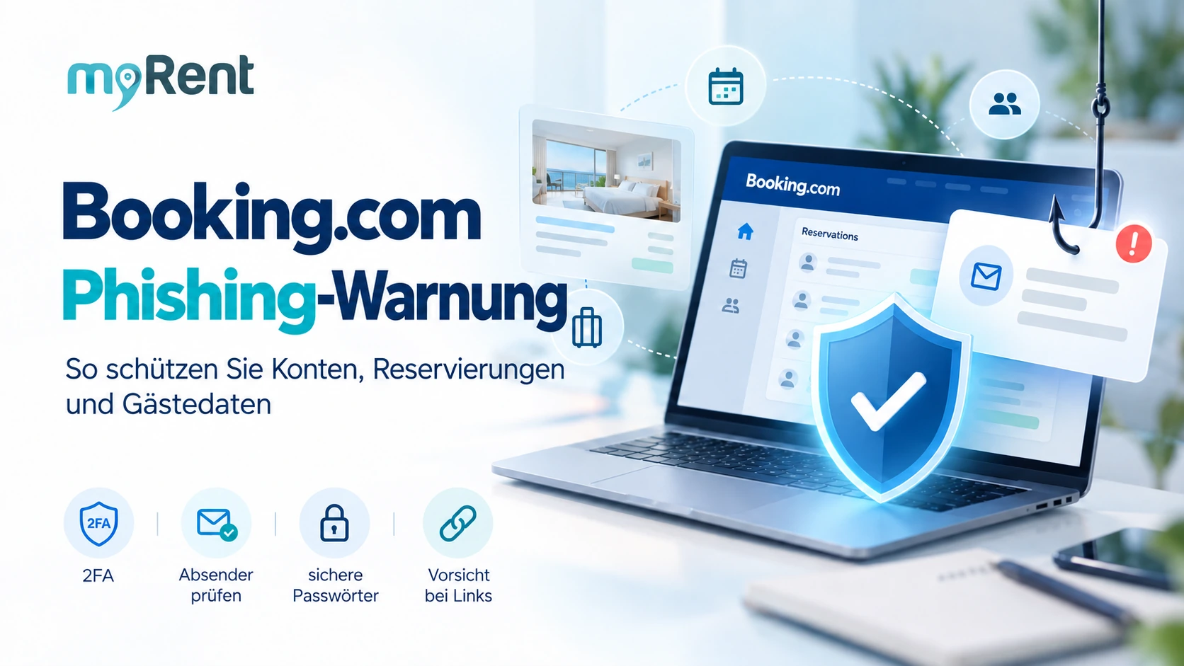 Booking.com Phishing-Warnung: Konten, Reservierungen und Gästedaten mit 2FA, Absenderprüfung, sicheren Passwörtern und Vorsicht bei Links schützen